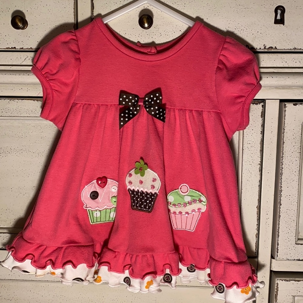 Rare Editions cupcake ruffle bottom ribbon bow pink shortsleeve shirt size 12M​